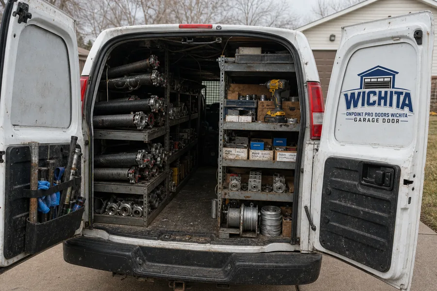 Inside the OnPoint Pro Doors Wichita truck: springs, rollers, drums and hinges stocked for Wichita